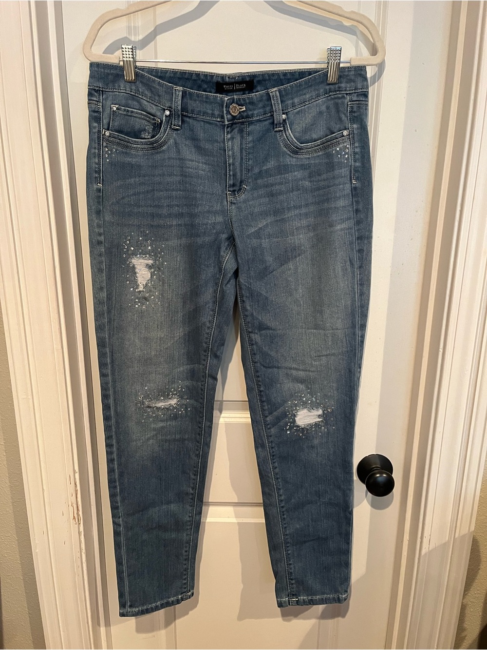White House Black Market Women’s Blue Studded Distressed Jeans, Size 8
